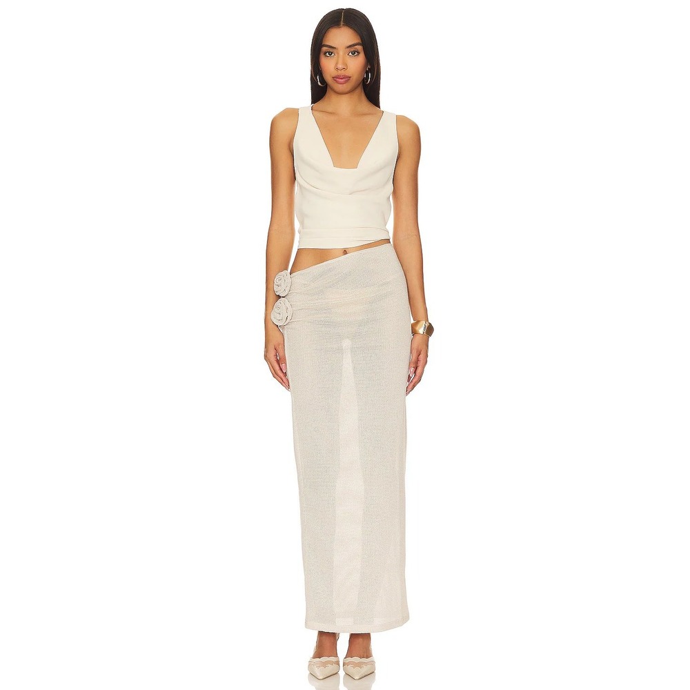 LIONESS Soul Mate Maxi Skirt Beige Metallic Knit Rosette Detail Small